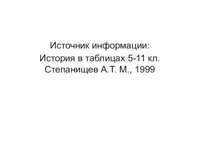 Источник информации:История в таблицах 5-11 кл. Степанищев А.Т. М., 1999