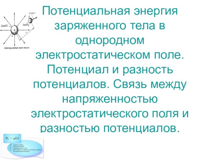 Потенциальная энергия заряженного тела в однородном электростатическом поле. Потенциал и разность потенциалов.