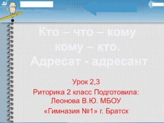 Презентация к уроку риторики 2 класс по теме:Компоненты речевой ситуации: кто (адресант) – кому (адресат) что (содержание высказывания)