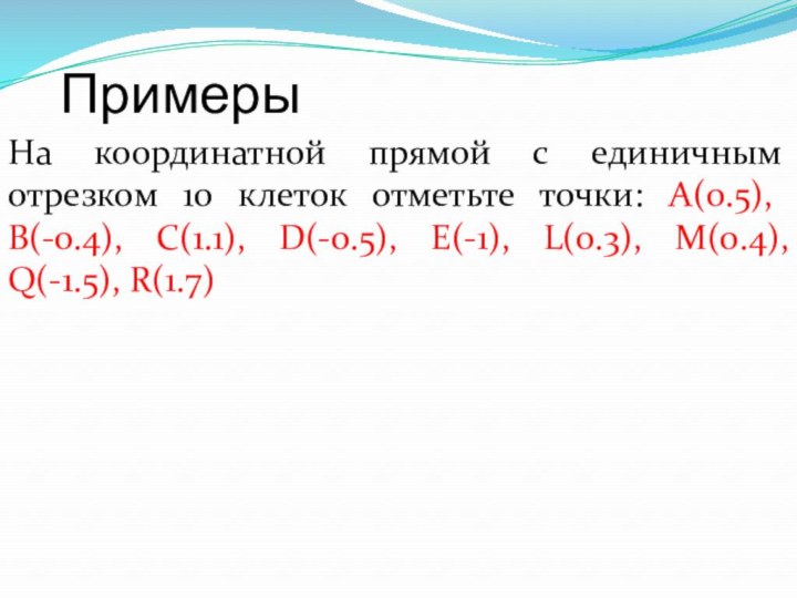 ПримерыНа координатной прямой с единичным отрезком 10 клеток отметьте точки: А(0.5), B(-0.4),