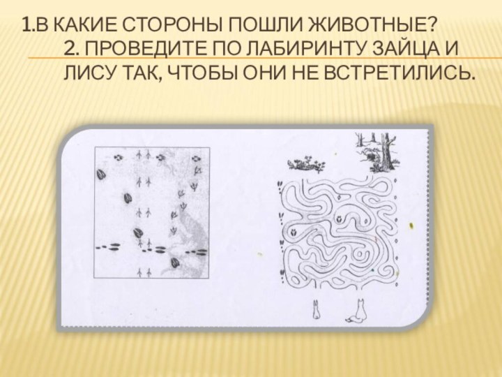 1.В КАКИЕ СТОРОНЫ ПОШЛИ ЖИВОТНЫЕ? 2. ПРОВЕДИТЕ ПО ЛАБИРИНТУ ЗАЙЦА И ЛИСУ