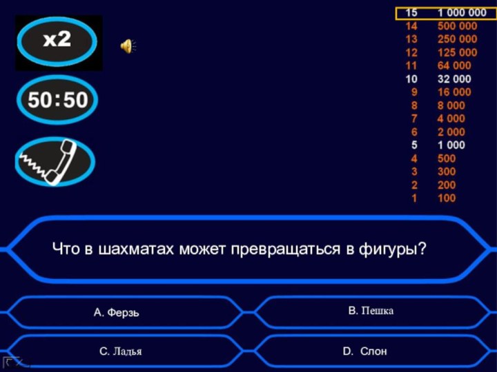 Что в шахматах может превращаться в фигуры?А. Ферзь D. СлонB. ПешкаC. Ладья