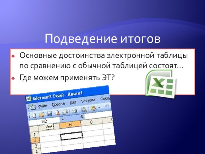 Подведение итоговОсновные достоинства электронной таблицы по сравнению с обычной таблицей состоят… Где можем применять ЭТ?