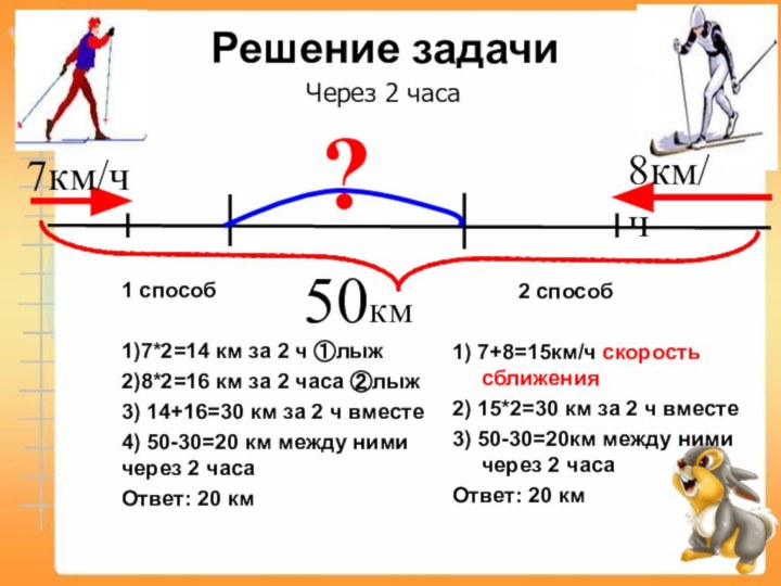 Решение задачи 1 способ1)7*2=14 км за 2 ч ①лыж2)8*2=16 км за 2