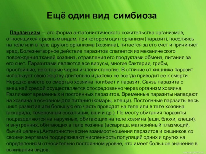 Паразитизм — это форма антагонистического сожительства организмов, относящихся к разным