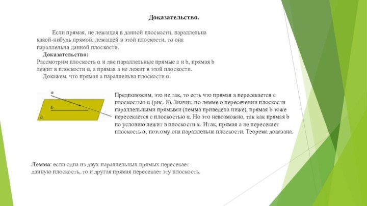 Доказательство.  	 Если прямая, не лежащая в данной плоскости, параллельна какой-нибудь