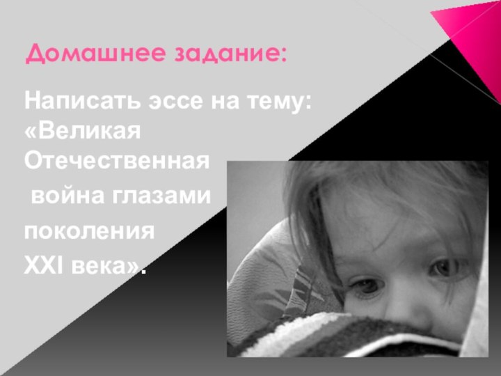 Домашнее задание:Написать эссе на тему: «Великая Отечественная война глазами поколения XXI века».