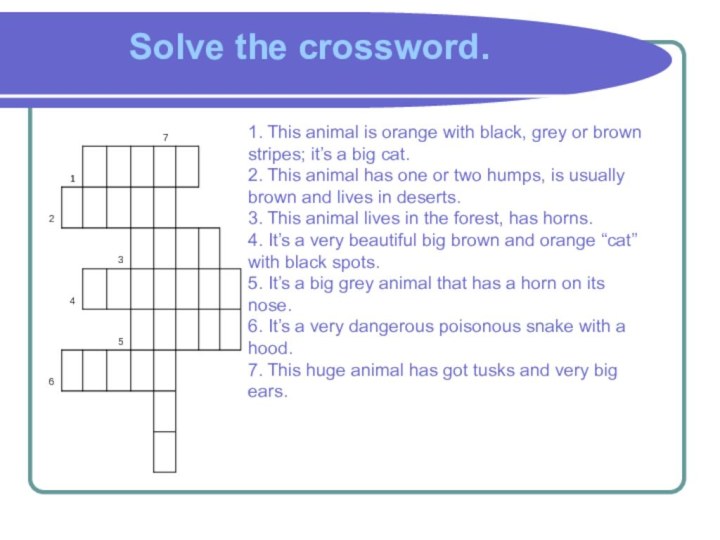 Solve the crossword.1. This animal is orange with black, grey or brown