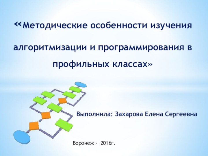 Выполнила: Захарова Елена Сергеевна «Методические особенности изучения алгоритмизации и программирования в профильных классах»Воронеж - 2016г.