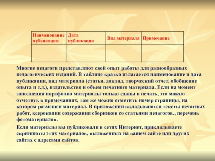 Многие педагоги представляют свой опыт работы для разнообразных педагогических изданий. В таблице