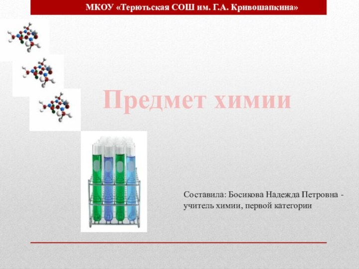 Предмет химииСоставила: Босикова Надежда Петровна -учитель химии, первой категории МКОУ «Терютьская СОШ им. Г.А. Кривошапкина»