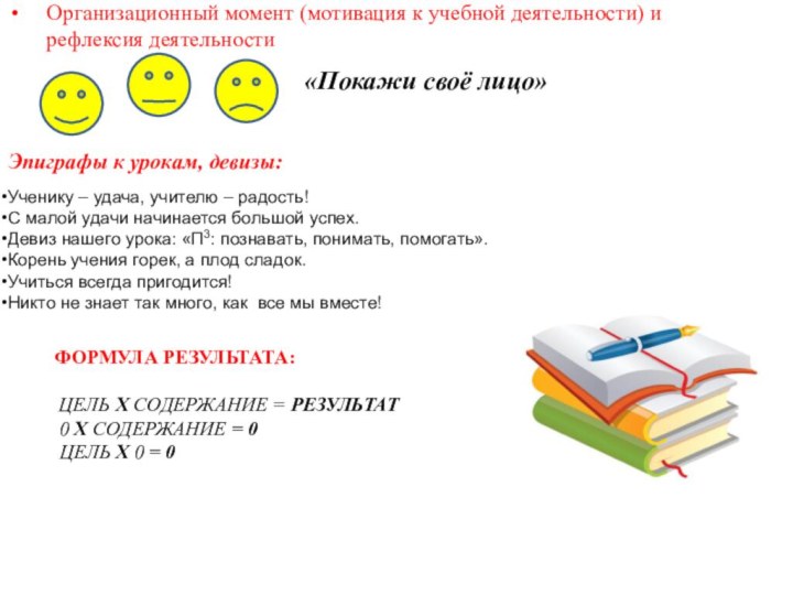 Организационный момент (мотивация к учебной деятельности) и рефлексия деятельности 			«Покажи своё лицо»Эпиграфы