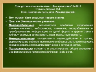 Презентация выступления на педсовете Урок русского языка по теме Наречие в рамках ФГОС