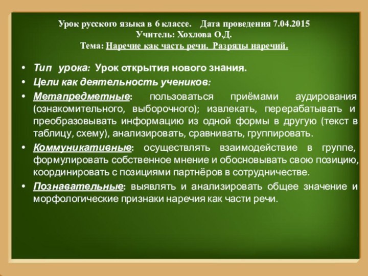 Урок русского языка в 6 классе.  Дата проведения 7.04.2015 Учитель: Хохлова