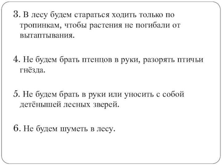 3. В лесу будем стараться ходить только по тропинкам, чтобы растения не