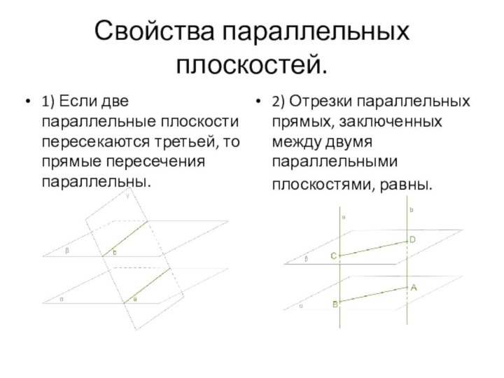 Свойства параллельных плоскостей.1) Если две параллельные плоскости пересекаются третьей, то прямые пересечения