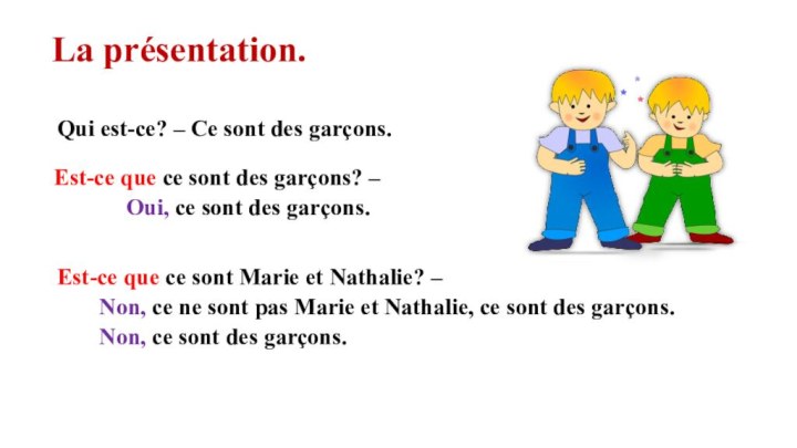 La présentation. Qui est-ce? – Ce sont des garçons.Est-ce que ce sont