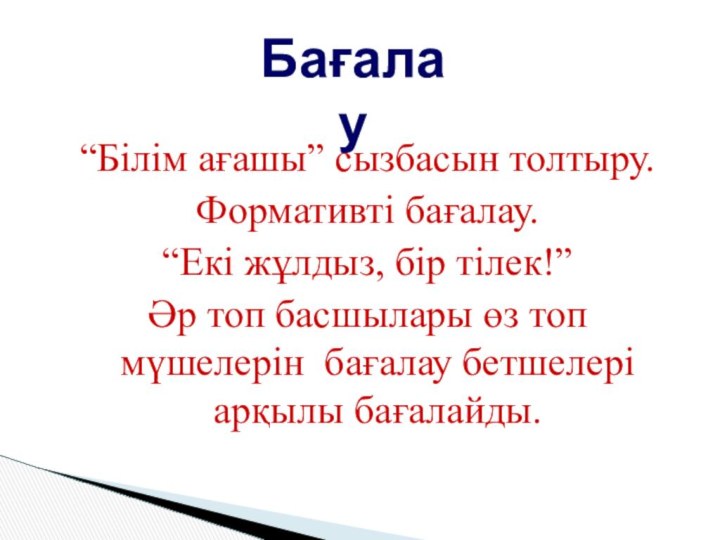 “Білім ағашы” сызбасын толтыру.Формативті бағалау. “Екі жұлдыз, бір тілек!”Әр топ басшылары өз