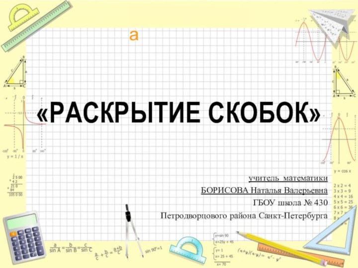 учитель математики БОРИСОВА Наталья Валерьевна ГБОУ школа № 430 Петродворцового района Санкт-Петербурга«РАСКРЫТИЕ СКОБОК»