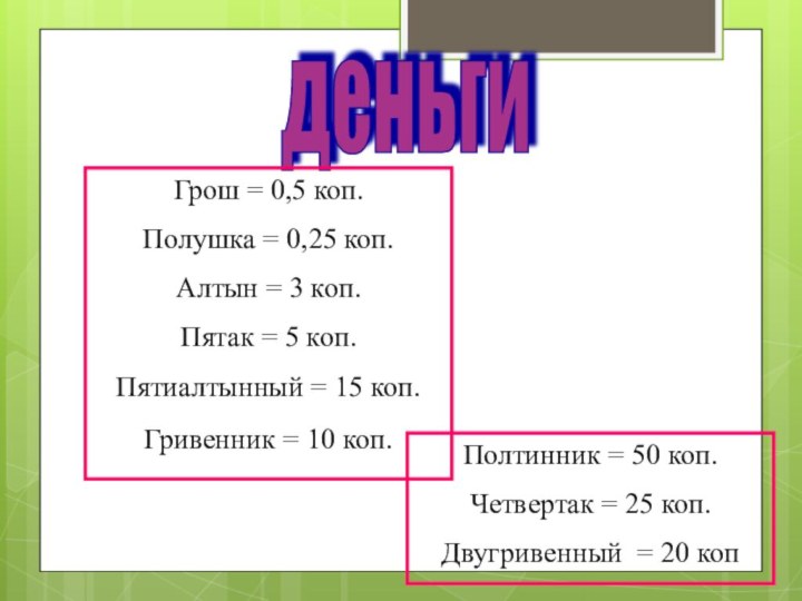 деньги Грош = 0,5 коп.Полушка = 0,25 коп.Алтын = 3 коп. Пятак