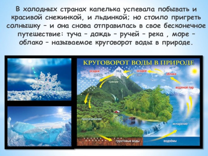 В холодных странах капелька успевала побывать и красивой снежинкой, и льдинкой; но