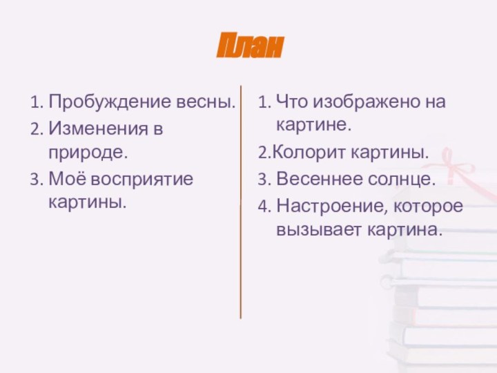 План1. Пробуждение весны.2. Изменения в природе.3. Моё восприятие картины.1. Что изображено на