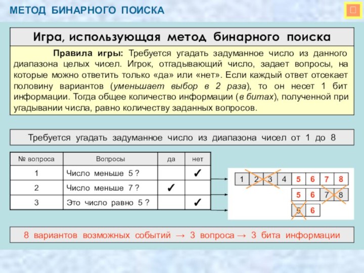 МЕТОД БИНАРНОГО ПОИСКАТребуется угадать задуманное число из диапазона чисел от 1 до