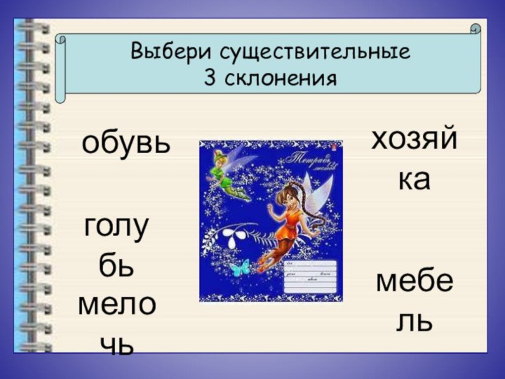 Выбери существительные3 склоненияобувьмебельмелочьголубьхозяйка