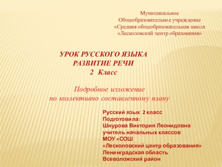 УРОК РУССКОГО ЯЗЫКА РАЗВИТИЕ РЕЧИКлассПодробное изложение по коллективно составленному плануМуниципальное Общеобразовательное учреждение«Средняя