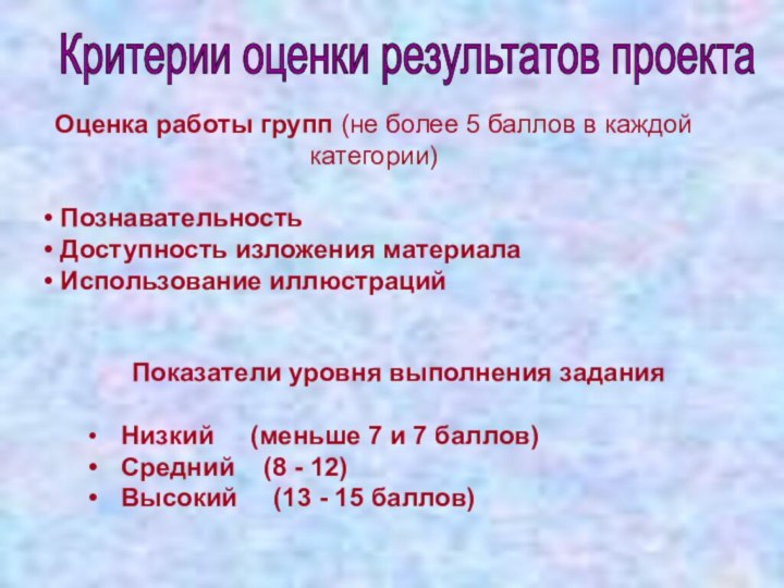 Критерии оценки результатов проекта Оценка работы групп (не более 5 баллов в