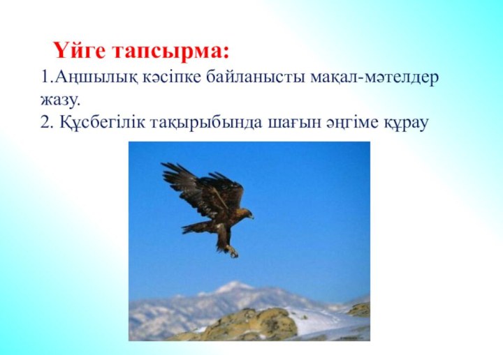 Үйге тапсырма:1.Аңшылық кәсіпке байланысты мақал-мәтелдер жазу.2. Құсбегілік тақырыбында шағын әңгіме құрау