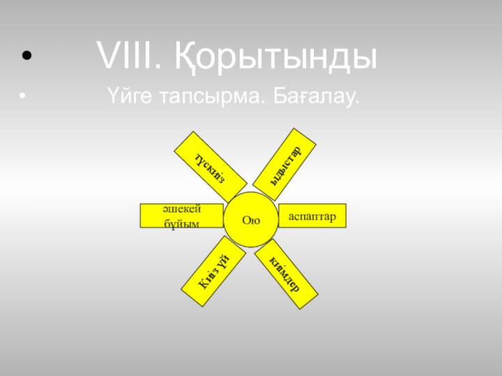 VIII. Қорытынды      Үйге тапсырма. Бағалау.ОюаспаптаркиімдерКиіз үйәшекей бұйымтүскиізыдыстар