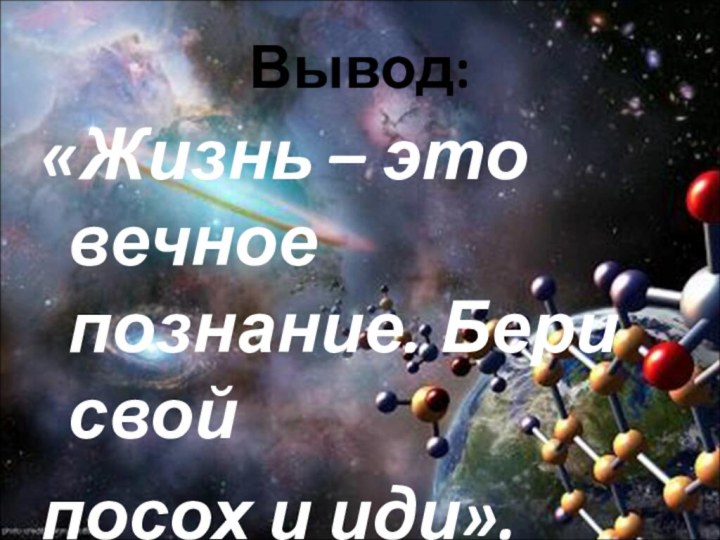 Вывод:«Жизнь – это вечное познание. Бери свой посох и иди».