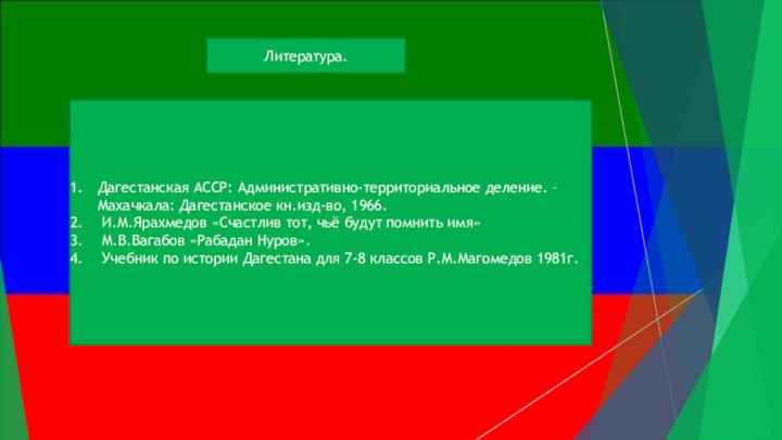 Литература.Дагестанская АССР: Административно-территориальное деление. –Махачкала: Дагестанское кн.изд-во, 1966. И.М.Ярахмедов «Счастлив тот, чьё