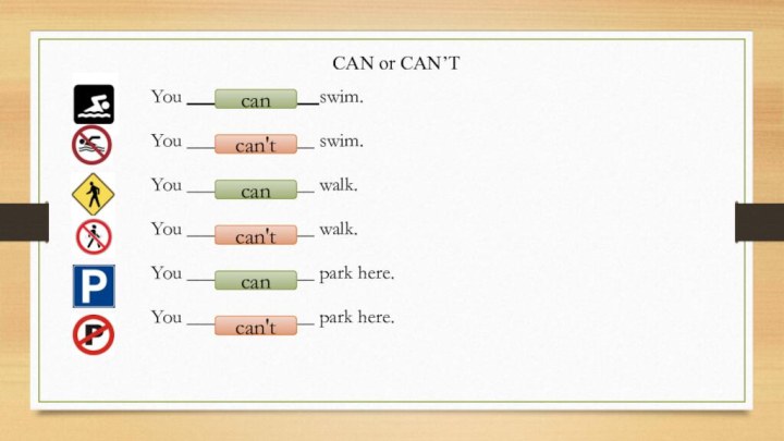 CAN or CAN’T		You _____________ swim.		You _____________ swim.		You _____________ walk.		You _____________ walk.		You