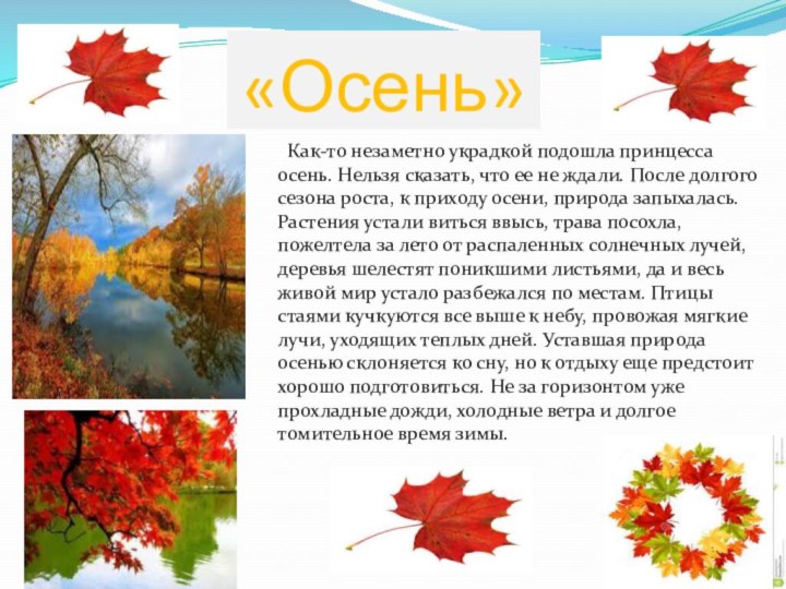 «Осень»  Как-то незаметно украдкой подошла принцесса осень. Нельзя сказать, что ее не