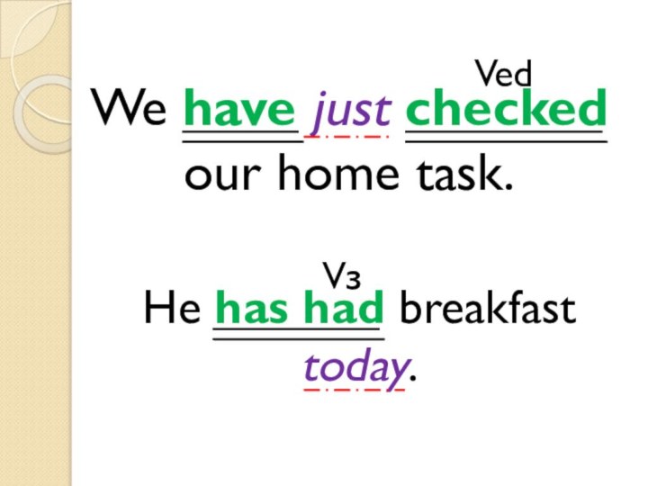 We have just checked our home task.He has had breakfast today.VedVз