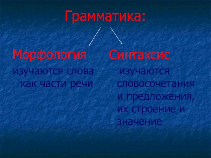 Грамматика:  Морфологияизучаются слова как части речиСинтаксис  изучаются словосочетания и предложения, их строение и значение