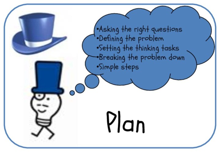 PlanAsking the right questionsDefining the problemSetting the thinking tasksBreaking the problem downSimple steps