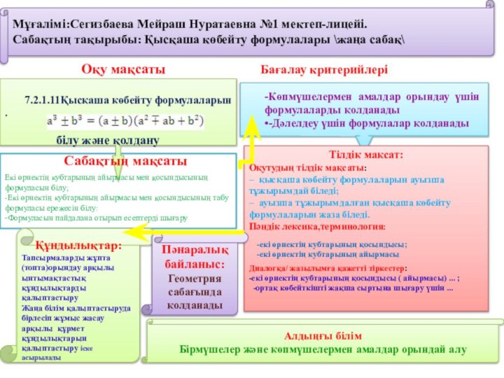 Мұғалімі:Сегизбаева Мейраш Нуратаевна №1 мектеп-лицейі.Сабақтың тақырыбы: Қысқаша көбейту формулалары \жаңа сабақ\.Оқу мақсатыСабақтың