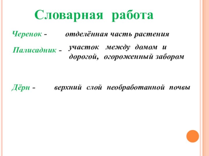 Словарная работаЧеренок -отделённая часть растенияПалисадник -участок  между домом и дорогой, огороженный