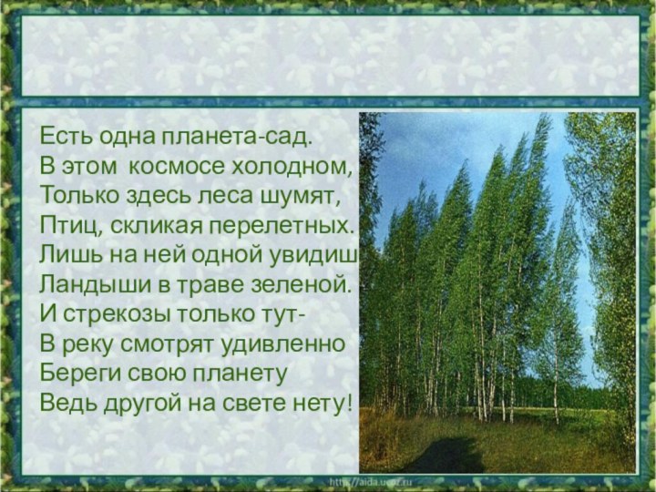 Есть одна планета-сад.В этом космосе холодном,Только здесь леса шумят,Птиц, скликая перелетных.Лишь на