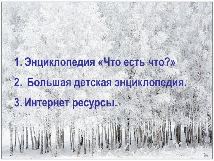 Информационные ресурсы:Энциклопедия «Что есть что?» Большая детская энциклопедия.Интернет ресурсы.