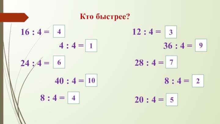 Кто быстрее?4 : 4 = 8 : 4 = 12 : 4