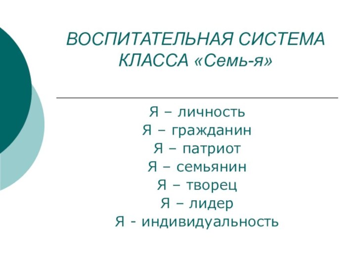 ВОСПИТАТЕЛЬНАЯ СИСТЕМА КЛАССА «Семь-я»Я – личностьЯ – гражданинЯ – патриот Я –