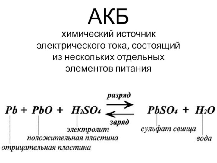 АКБхимический источник электрического тока, состоящий из нескольких отдельных элементов питания 