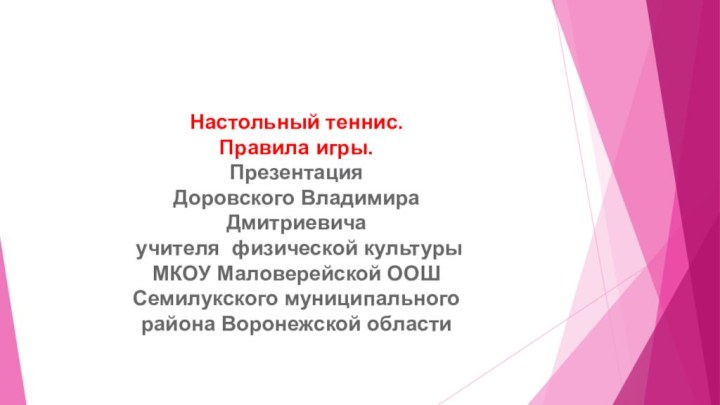 Настольный теннис.Правила игры.Презентация Доровского Владимира Дмитриевича учителя физической культуры МКОУ Маловерейской ООШ