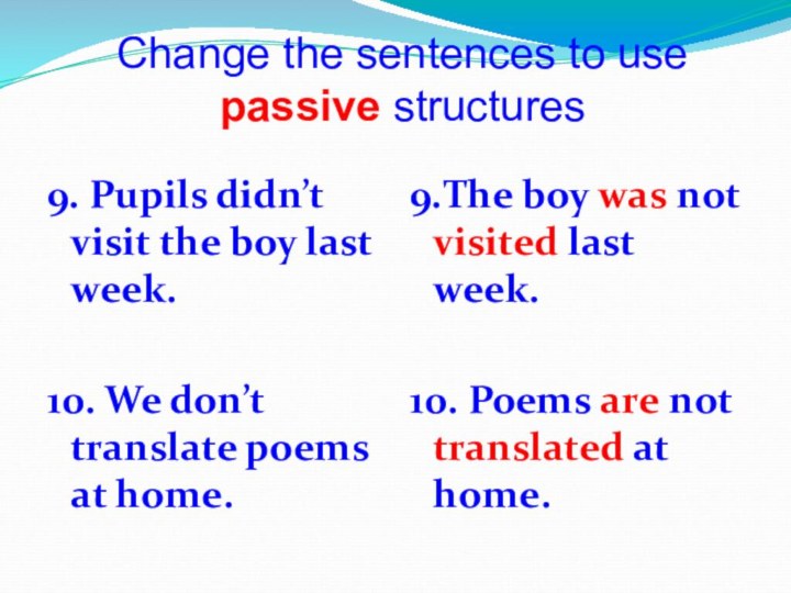 9. Pupils didn’t visit the boy last week.10. We don’t translate poems