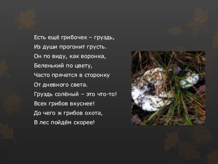 Есть ещё грибочек – груздь,Из души прогонит грусть.Он по виду, как воронка,Беленький