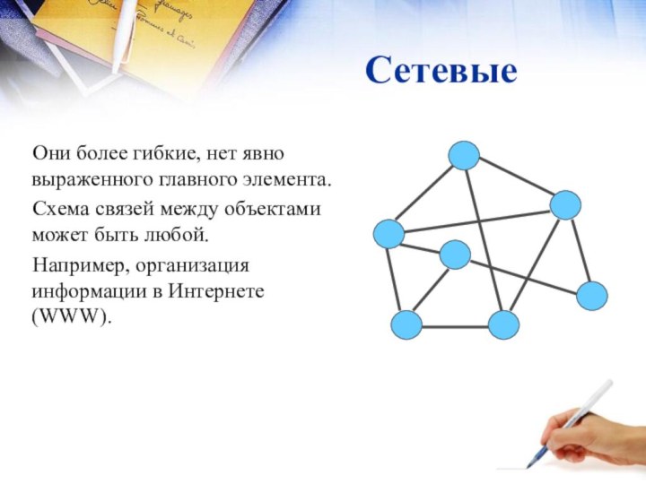 СетевыеОни более гибкие, нет явно выраженного главного элемента.Схема связей между объектами может